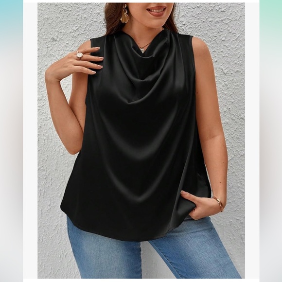 4x / 20 - Plus Size Draped Collar Cowl Neck Top Elegant Satin Sleeveless - Picture 1 of 3